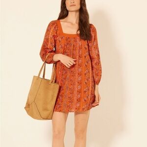 NWT Bila Burnt Orange Floral Print Long Sleeve Square Neck Siesta Dress